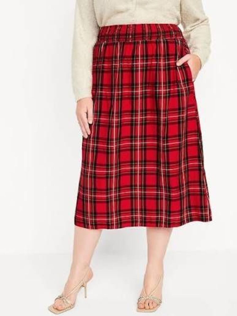 Old Navy Red Tartan Plaid High Waisted Smocked Midi Skirt Size Large